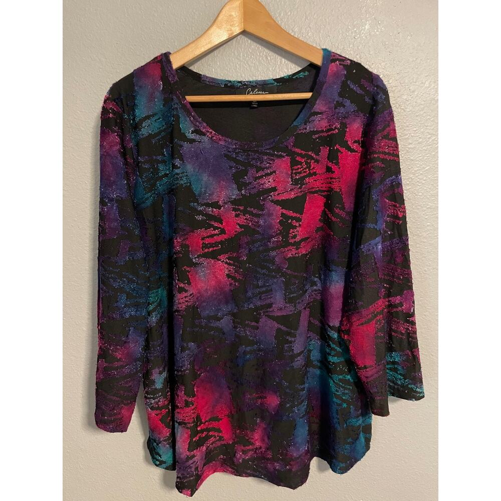 Calessa Tunic Womens Size 2X Multicolor Abstract Print Long Sleeve Artsy Boho